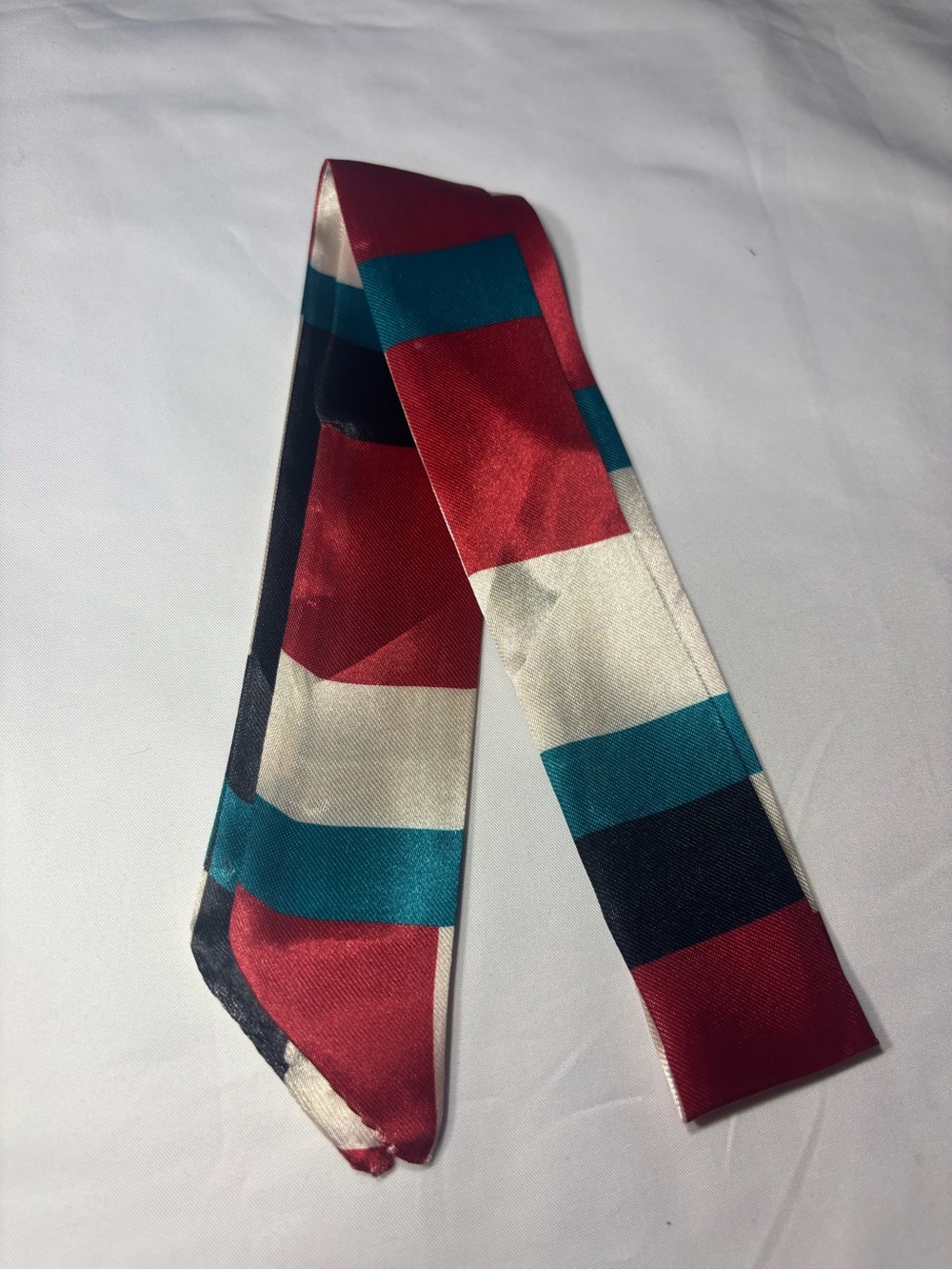 New Twilly Striped Satin Scarf Tie in Red, Teal, Cream, and Black